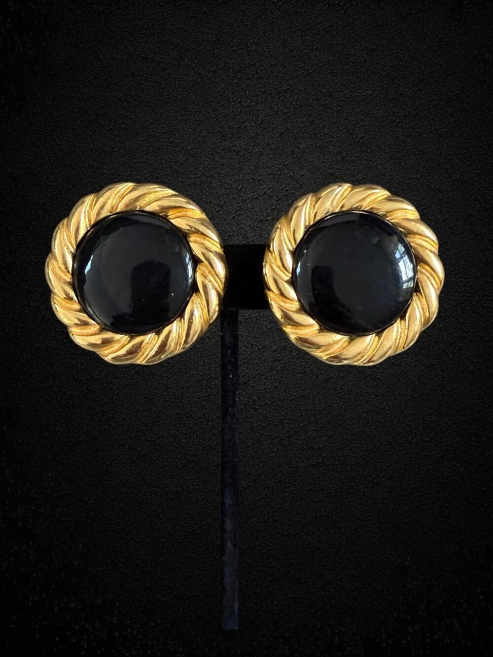 Vintage Gold Tone Black Round Cabochon Clip Earrings Rope Twist Statement 80s